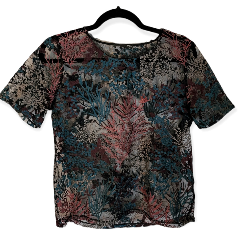 Zara Multicolor Floral Mesh Short Sleeve Top